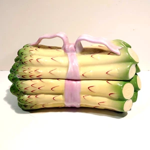 Herend Asparagus Dish Trinket Box w/ Lid Pink Ribbon Bow Porcelain Hungary Vtg - Picture 1 of 7