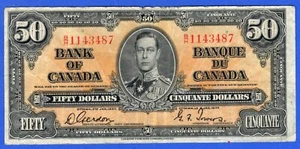 CANADA $50 1937 BC-26b / P-63b King George VI Circulated Note B/H 1143487 - Foto 1 di 2