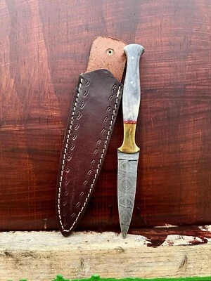 EDC handmade Damascus hunting dagger fixed blade boot knife DOUBLE-EDGE Blade - Image 1 of 4