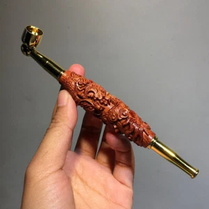 Carving Dragon Old Style Sandalwood Straight Rod Bent Pipe Gun Pfeife Tabakpfeife - Bild 1 von 5