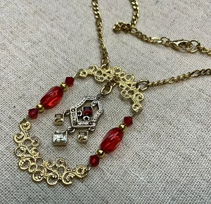 Vintage Inspired Necklace- Filigree W/ Dangle Charm, Red Glass Beads, 18” Chain - Picture 1 of 5
