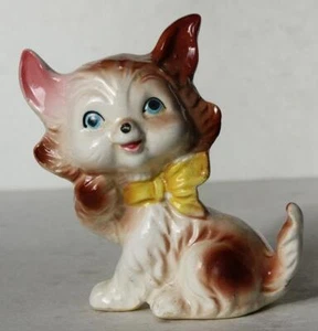 Cat Figurine Blue Eyes Yellow Bow Cartoon Style Ceramic Hand Painted Sitting Cat - Picture 1 of 1