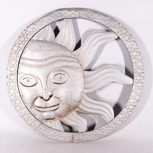 Silber Metall Sonnengesicht Wandbild Deko Sonnig Sonnenschein Außendeko Kunstwerk - Bild 1 von 5