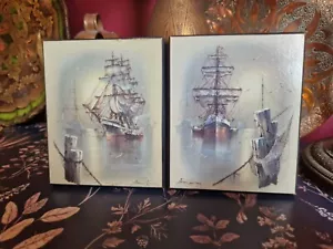 2x Vintage Andres Orpinas Segelschiff Druck auf Holzblock - Bild 1 von 10