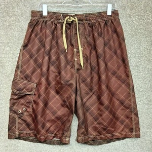 Burnside Shorts Mens L Brown Argyle Elastic Waist Drawstring Quick Dry Swimming - Picture 1 of 10