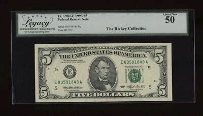 DBR 1993 $5 FRN Richmond Fr. 1982-E Legacy AU-50 Serial E03591843A - Image 1 of 2