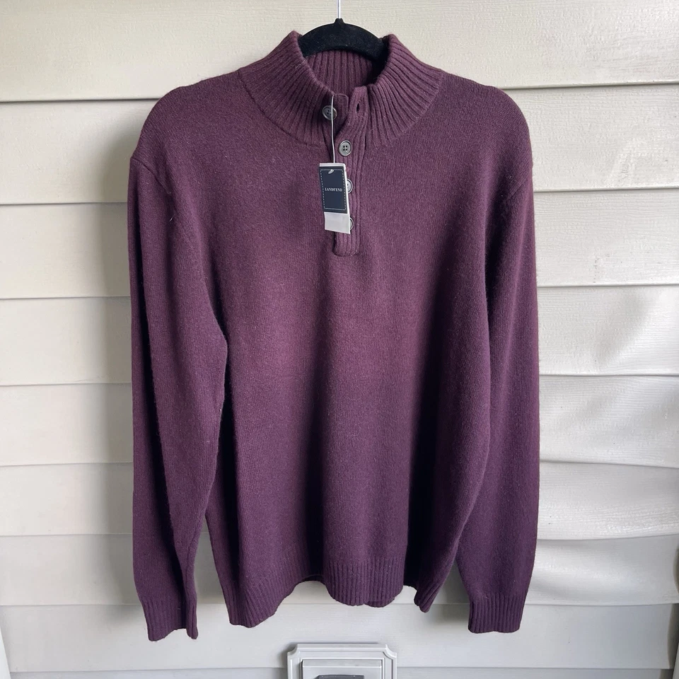Lands' End Wool Cashmere Henley Mock Neck Sweater Purple Men's L Preppy Office - Image 1 of 4