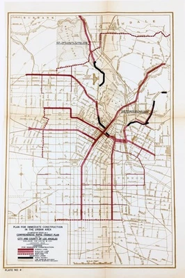 1925  LOS ANGELES - RAPID TRANSIT LINES PLAN Map ORIGINAL SUBWAY ELEVATED BUS - Image 1 of 4
