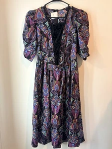 Vestido recto plisado vintage Eber negro audaz cachemira manga abullonada terciopelo rayón 7/8 - Imagen 1 de 8