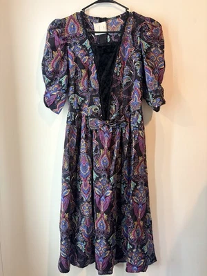 Vestido recto plisado vintage Eber negro audaz cachemira manga abullonada terciopelo rayón 7/8 Foto 1 de 4