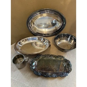 VINTAGE Silver Plate Serving Bowls x 3, Tray x 1, Cup x 1 -LOT of 5 pieces - Picture 1 of 13