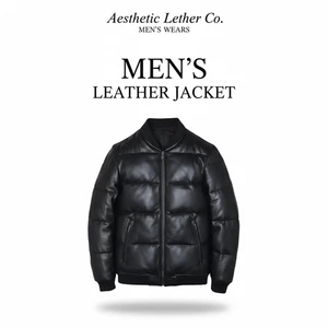 Men’s Black Lambskin Leather Bomber – Quilted Down Puffer Jacket - Picture 1 of 8