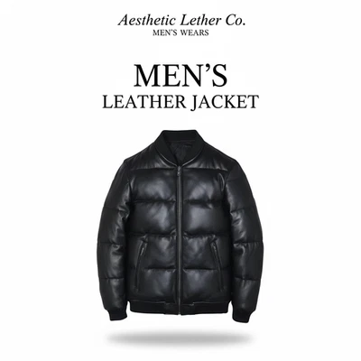 Men’s Black Lambskin Leather Bomber – Quilted Down Puffer Jacket - Image 1 of 4