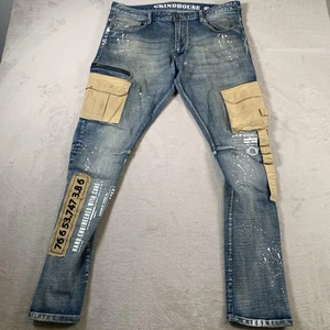 Pantalones de mezclilla Grindhouse para hombre 38 azules bolsillos utilitarios pintura envejecida - Imagen 1 de 17