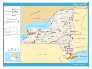 Póster físico político mapa del estado de Nueva York Estados Unidos de América - Imagen 1 de 2