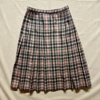 Saia xadrez plissada rosa vintage 100% lã tamanho 14 cintura academia - Imagem 1 de 4