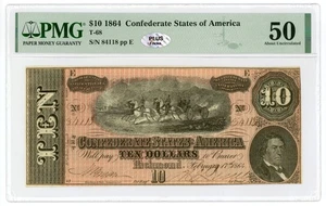 1864 T-68 $10 The Confederate States of America Note - CIVIL WAR Era PMG AU 50 - Picture 1 of 2