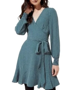 Loft Polka Dot Green Wrap Dress Ruffle Long Sleeve Waist Tie Elastic Cuff Sz 12 - Picture 1 of 11
