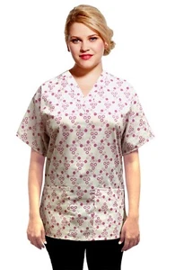 Scrubs Nurse Top NWOT- White & pink flowers ( S, M, L, XL ) 2 POCKETS - Picture 1 of 2