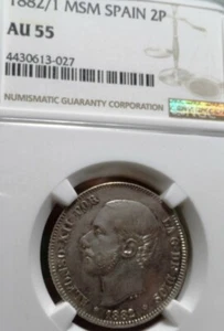 Certificada NGC AU55, ALFONSO XII, 2 Pesetas, 1882/1 *18-82, Ag. Sobrefechada. - Imagen 1 de 2