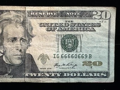 $20 Bill *TRINARY FLIPPER**6 OF A KIND**4 IN A ROW* 0,6,9 FANCY SERIAL NUMBER - Image 1 of 4
