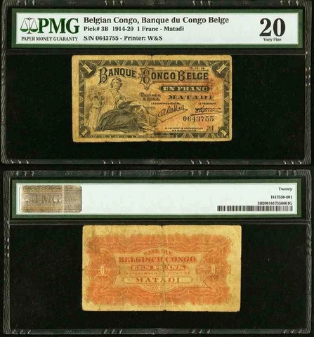 1914 Bank of Belgian Congo One Franc Matadi Banknote Pick# 3B PMG VF 20 Currency Cover