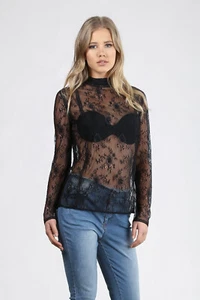 Women's Casual Black, Yellow Long Sleeve Mock Neck Floral Lace Blouse Tops S,M,L - Picture 1 of 8