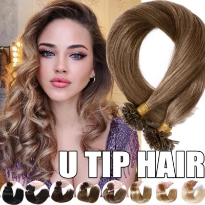 16" Flat U Tip 100% Real Human Hair Extensions Keratin Tip Nail Tip Russian Remy - Image 1 of 4
