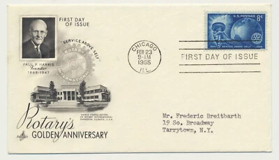 USA Sc. 1066 Torch, Globe and Rotary Emblem 50th Anniversary on 1955 FDC ** - Image 1 of 2