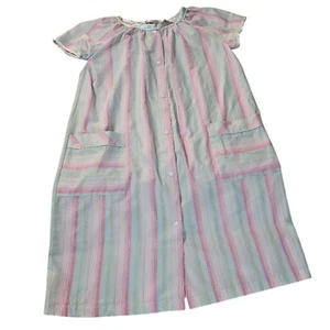 Morning Glory S Pink Blue Pastel Stripe Seersucker Housecoat Duster Robe  Pocket - Picture 1 of 9