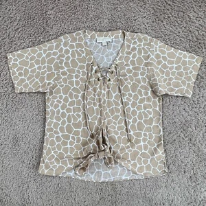 MICHAEL MICHAEL KORS Beige White Giraffe Print Front-Tie Short Sleeve Blouse S - Picture 1 of 15