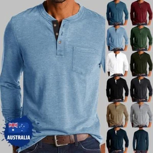 Mens Henley Buttons Long Sleeve T-Shirt Tunic Tops Casual Loose Blouse Tee AU - Picture 1 of 35