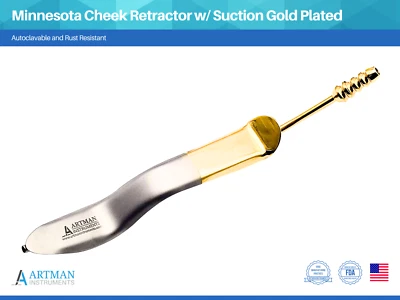 ARTMAN INSTRUMENTS Minnesota Cheek Retractor with Suction Gold Plated Surgical Dental ARTMAN