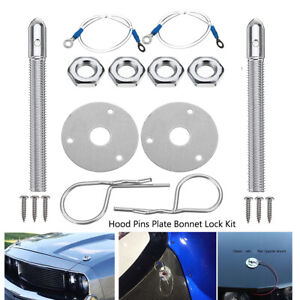 Stainless Steel Mount Car Hood Pins Plate Bonnet Lock Kit Universal Racing Style