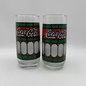 Set Of 2 Vtg Coca-Cola Drinking Glasses Tiffany Frosted Stained Glass Tumblers - Picture 1 of 6