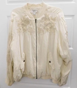 Johnny Was Work Shop Ivory Bomber Jacket Silk Embroidered Full Zip XL - Picture 1 of 6