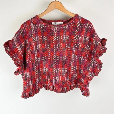 Zara: Top cuadrado recortado manga con volantes tweed roscado metálico rojo rosa blanco: M Foto 1 de 4