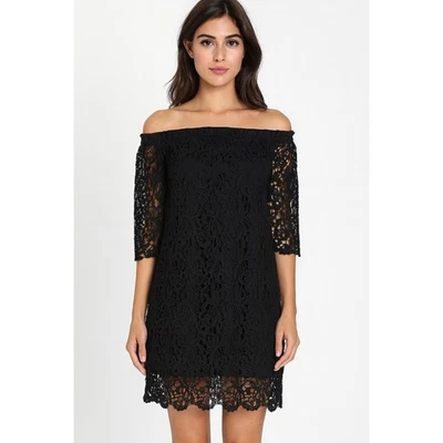Audrey 3+1 Small Little Black Lace Dress Off Shoulder Short Mini - Image 1 of 4