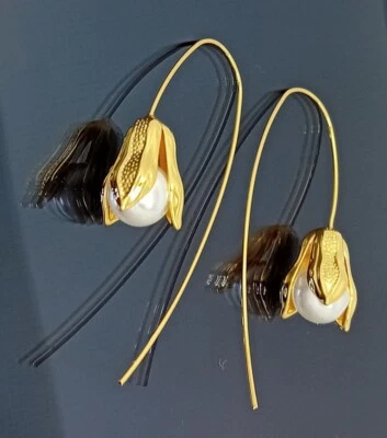 18K Gold Filled Stunning Italian Simulated Pearl 18ct GF Statement Earrings 50mm - Image 1 of 4