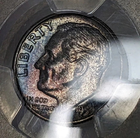 1957 - P - Roosevelt Silver Dime - PCGS - MS 66 - Toned Cover