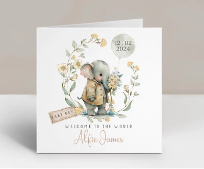 Personalised New Baby Boy Card  Welcome to the world Vintage Elephant Floral - Image 1 of 2