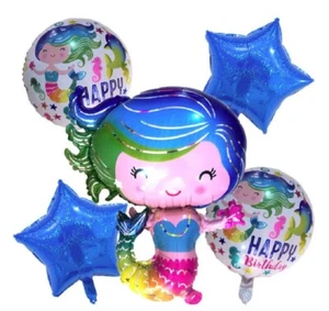 Mermaid Balloon Set Happy Birthday Party Decoration 5 Balloons & Ribbon Blue NEW - Picture 1 of 1