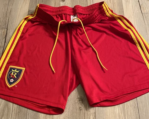 Real Salt Lake adidas 3 stripe red yellow drawstring athletic soccer shorts XL Cover