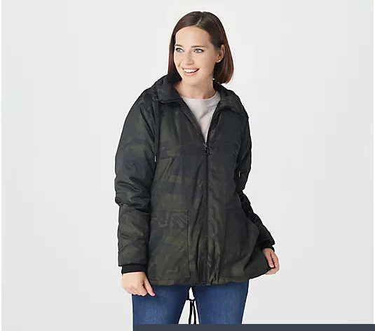  LOGO by Lori Goldstein Jacquard Coat with Seaming & Fleece Lining-Artichoke-1X  - Image 1 of 1