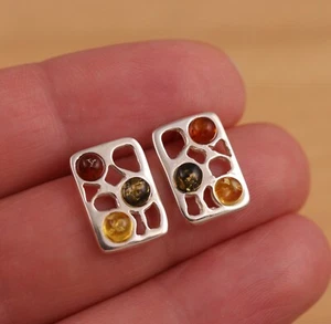 Multicolour Baltic Amber 925 Sterling Silver Stud Earrings Jewellery Gift Boxed - Picture 1 of 6