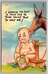 Humor Postcard I Suppose Im Just A Silly Ass Boy and Donkey 1930s Linen L1 - Picture 1 of 2