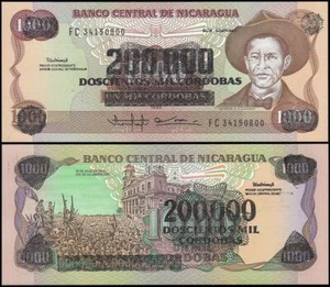 NICARAGUA 200,000 CORDOBAS ON 1,000 1990 UNC GENERAL A.C. SANDINO AT RIGHT,LIBER - Picture 1 of 1