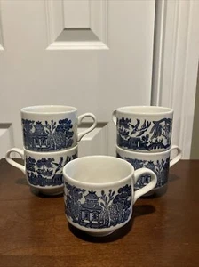 5 Vintage Churchill England Blue Willow Porcelain Stackable Tea Cups VGC - Picture 1 of 5