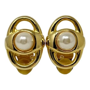 Paolo Gucci Vintage 80's Oval Gold Tone Round Faux Pearl Clip Earrings - Picture 1 of 4