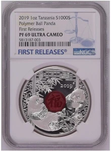 NGC PF69 FR 2019 Silver panda coin 1oz Polymer Fu Ball panda 福 Tanzania - Picture 1 of 2